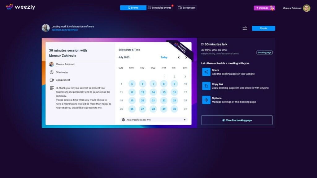booking page, Loom vs. RecordCast: Weezly inetrface; Weezly appointmet scheduling: The best doodle alternative